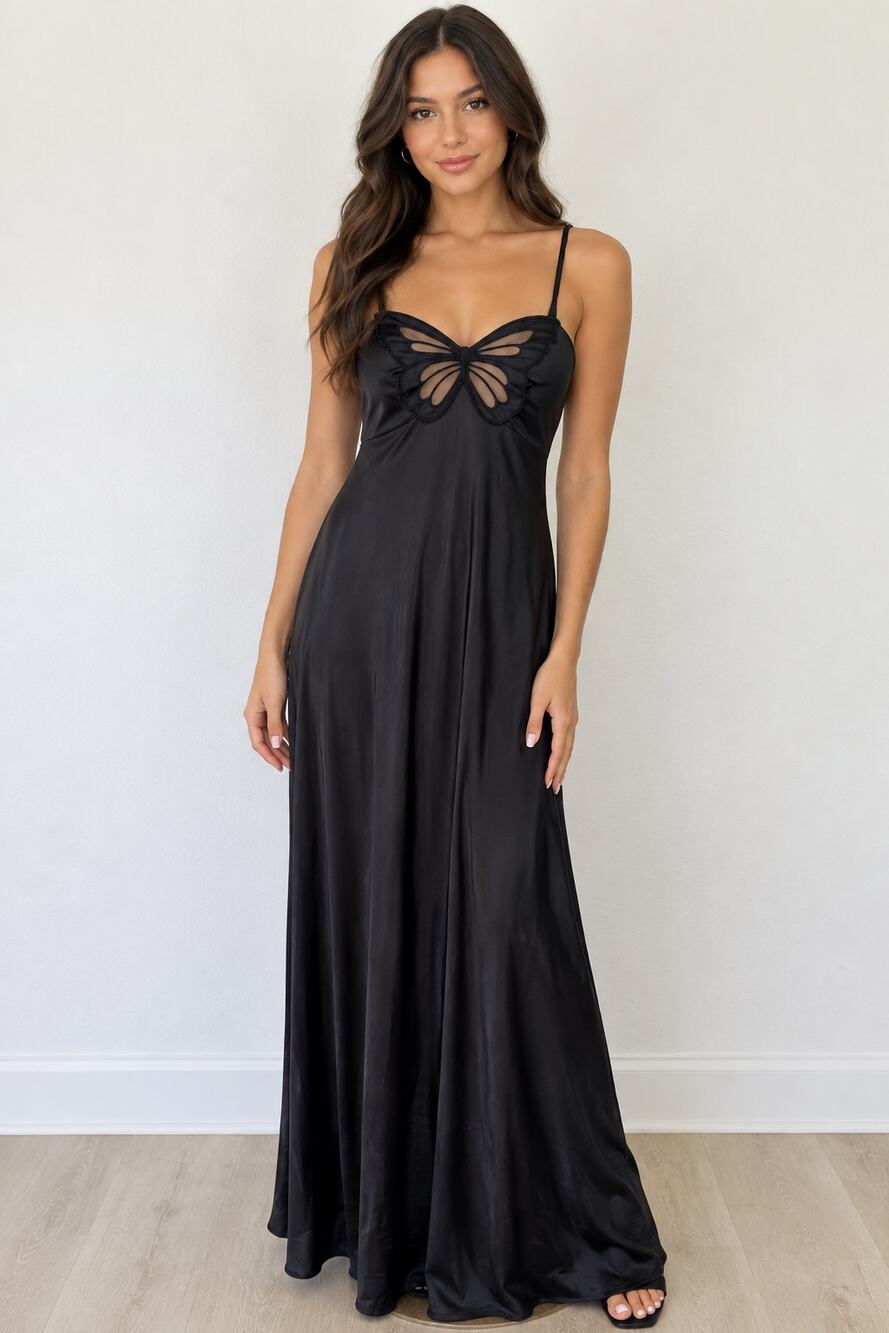 Vtg Papillon by Paula Carbone 70s Butterfly Style Long Slip Dress M Black
